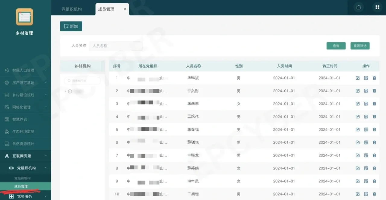 Party member management screen listing admission and full-membership dates