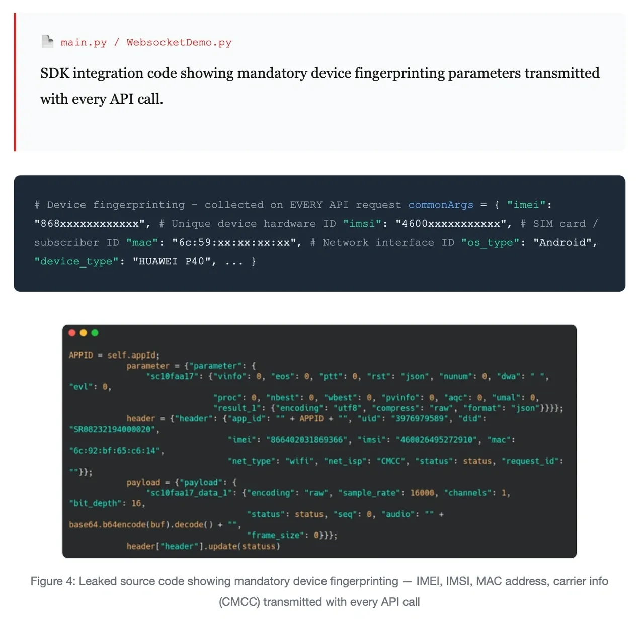 Leaked SDK source code showing device fingerprinting parameters