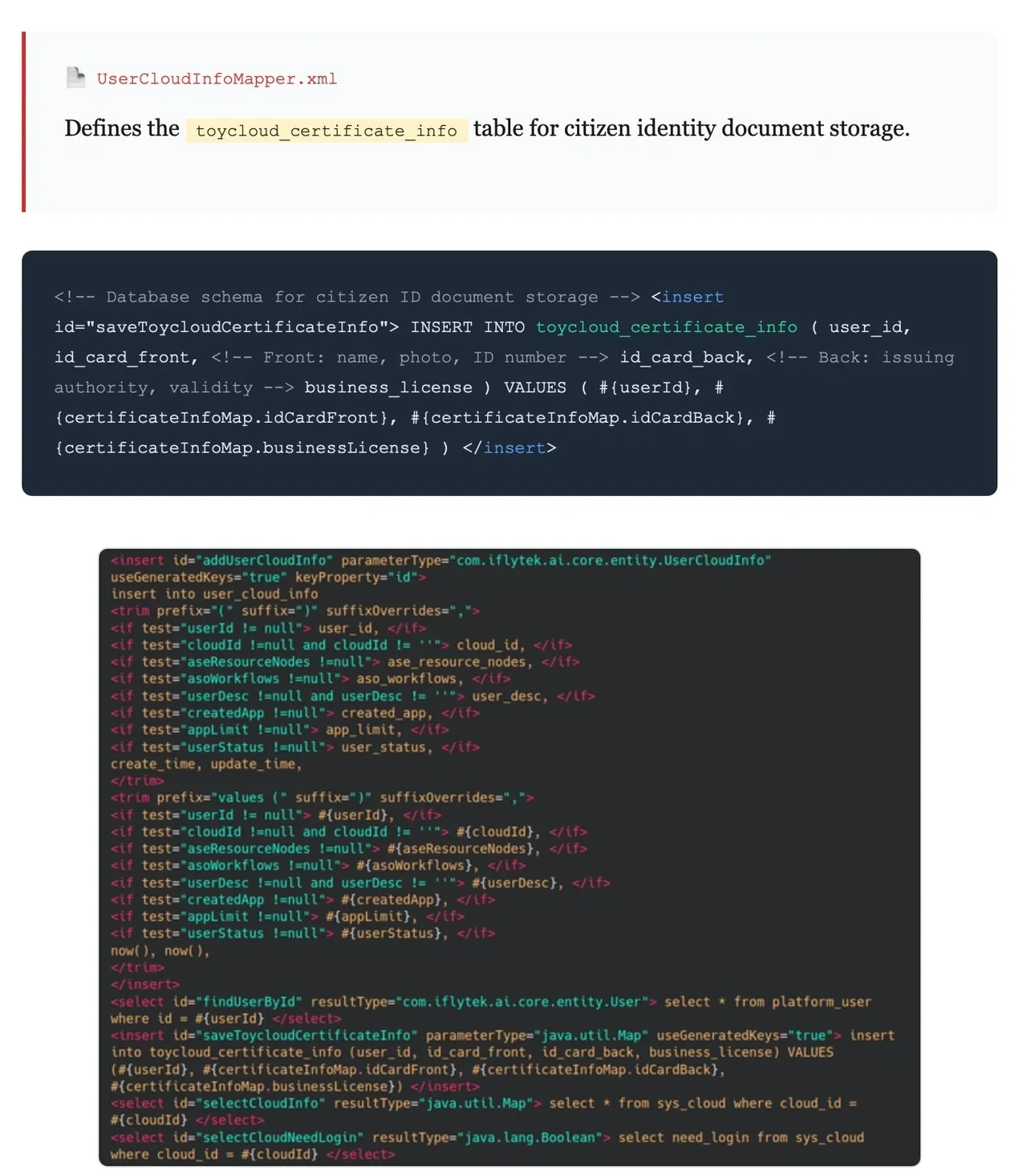 Database mapper defining a citizen identity-document table