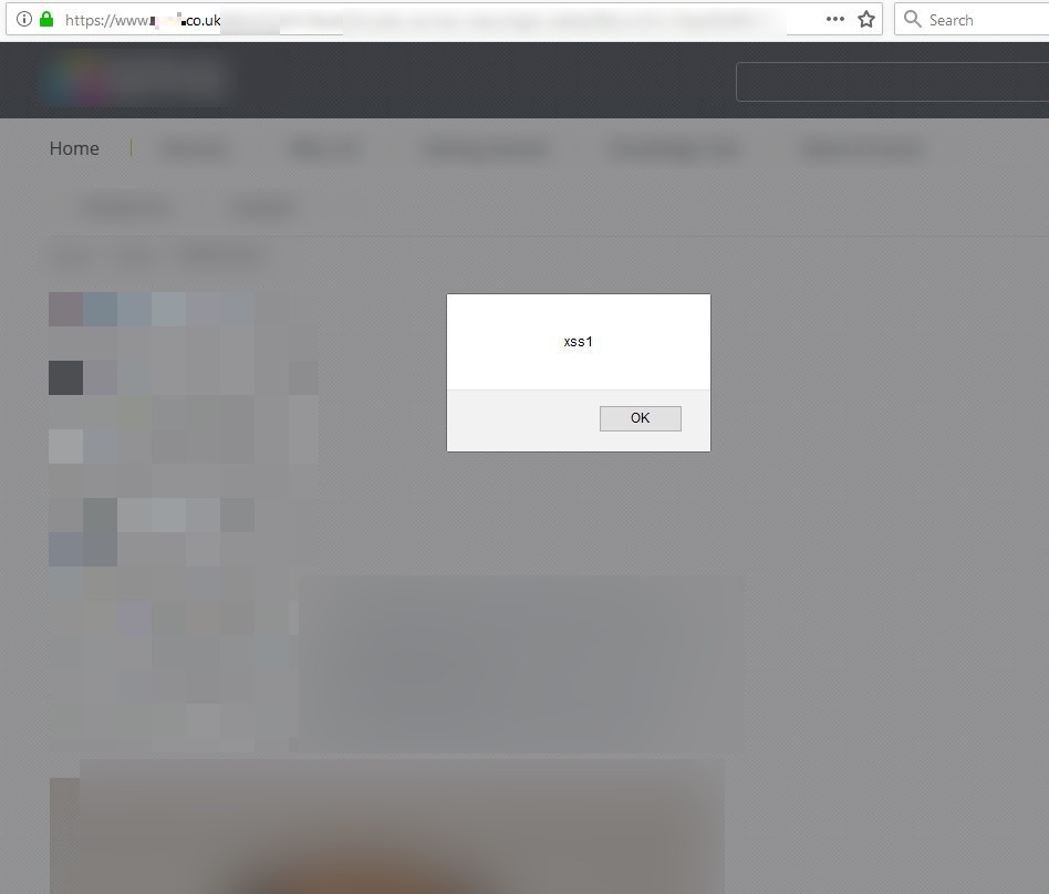 Redacted screenshot of a stored cross-site scripting proof of concept executing on a financial institution's home page.